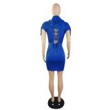 Women's Summer Fashion Solid Color Lace-Up Hooded Zipper Casual Dress