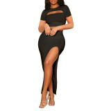 Women's Round Neck Hollow out Short Sleeve Top Slit Slit Slim Skirt Sexy Two-piece Set