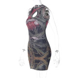 Women Printed Cutout Round Neck Sleeveless Bodycon Dress