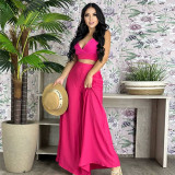 Women Solid camisole and high waist pocket wide leg pants two-piece set