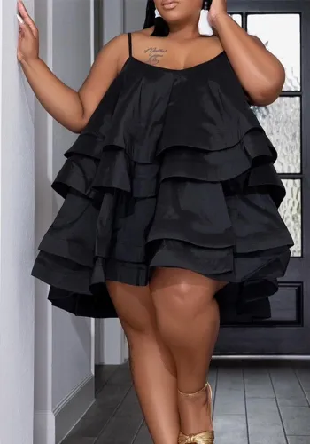 Plus Size Women Suspenders Cascading Ruffles Dress