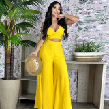 Women Solid camisole and high waist pocket wide leg pants two-piece set