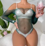 Women Beaded Long Sleeve One-Pieces Net sexy lingerie