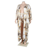 Ladies Plus Size Print Long Robe and Shorts Two-Piece Set