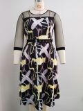 Women Africa Plus Size Round Neck 3/4 Sleeve Patchwork Print Dress