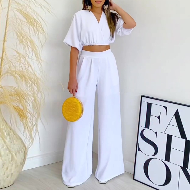 Women Solid v-neck short-sleeved shirt and high-waist wide-leg pants  two-piece set - The Little Connection