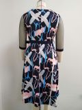 Women Africa Plus Size Round Neck 3/4 Sleeve Patchwork Print Dress