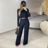 Women Spring Round Neck Long Sleeve Crop Shirt And Pleated High Waist Pants Two-Piece Set