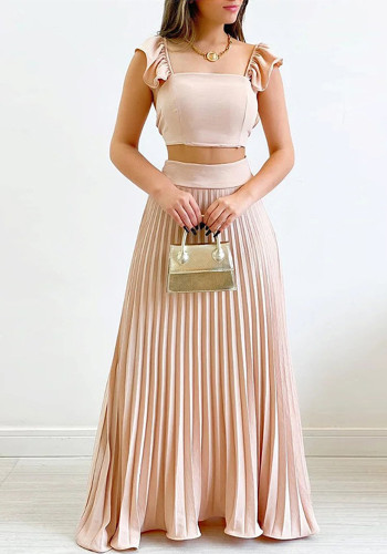 Women Solid Crop Top and High Waist Pleated Skirt Two-Piece Set