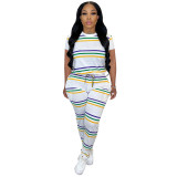 Women Striped Print Round Neck Short Sleeve Top and Pants Two-Piece Set