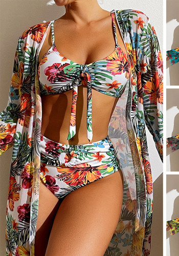 Women Long Sleeve Blouse Printed Sexy Swimwear Bikini Three-Piece