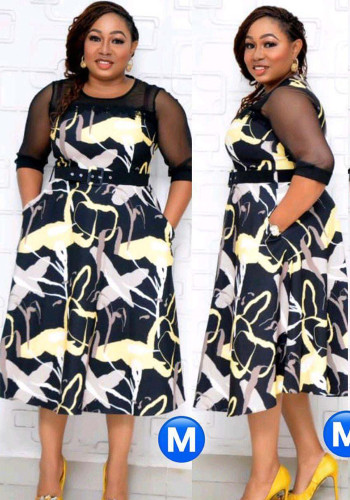 Robe imprimée patchwork à manches 3/4 et col rond pour femme Afrique