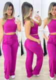 Women's Sweet Solid Color Cropped Tank Top Drawstring High Waist Straight Leg Pants Fashion Casual Set