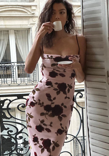 Vestido longo sexy frente única com estampa rosa para férias fino com cadarço