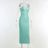 knitting Print See-Through Long Strap Dress Spring Sexy Slim Maxi Dress for Women