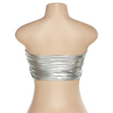 Spring Women's Fashion Metallic Drawstring Slim Fit Strapless Top
