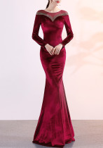Samt Formales Party Abendkleid Winter Langarm Corporate Annual Meeting Long Fishtail Party Dress