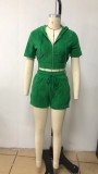 Women's Spring Summer Hooded Zipper Short Sleeve Jacket Shorts Set Casual Two-Piece Set