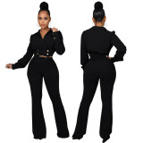 Stylish Turndown Collar Long Sleeve Top with Slim Fit Bell Bottom Pants Stylish Solid Casual Two-Piece Set