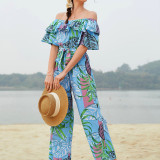 Women's Fashion Off Shoulder Floral Summer chiffon Holidays Jumpsuit