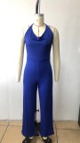 Women's Spring/Summer Ribbed V-Pile Neck Tie Low Back Casual Wide-Leg Jumpsuit