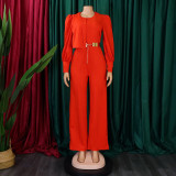 Belted Ladies Spring Long Sleeve Casual Fashion Wide Leg Plus Size Jumpsuit