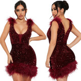 Sexy Sling Sequin Fashion Feather Party Dress