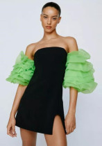 Yazlık Kabarık Kollu Elbise Fransız Minyon Straplez Yırtmaçlı Bodycon Elbise