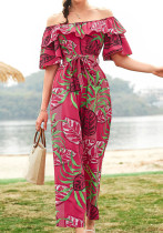 Women's Fashion Off Shoulder Floral Summer chiffon Holidays Jumpsuit