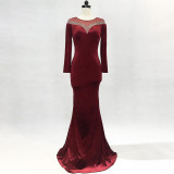 velvet Formal Party Evening Dress Winter Long Sleeve Corporate Annual Meeting Long Fishtail Party Dress