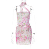 Women's Spring Summer Street Style Halter Neck Tank Top Short Bodycon Print Dress Two-Piece Set