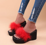 Summer Wedge Fur Slippers Women'S High Heel Platform Beach Sandals Plus Size Slippers
