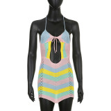 Women'S Sexy Multi-Color Striped Color Matching Hollow V-Neck Halter Straps Sweet Mini Dress
