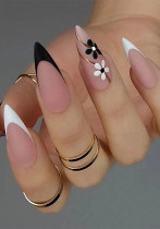 Sweet Press On Nails Flower Wear Armor French Black and White Color Matching Nail Faux Ongles Künstliche Nägel