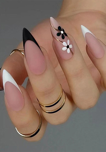 Sweet Press On Nails Flower Wear Armor French Black And White Color Matching Nail Faux Ongles Unghie artificiali