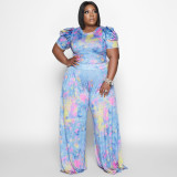 Plus Size Tie-Dye Printed Puff-Sleeved Top Wide-Leg Pants Two-Piece Set