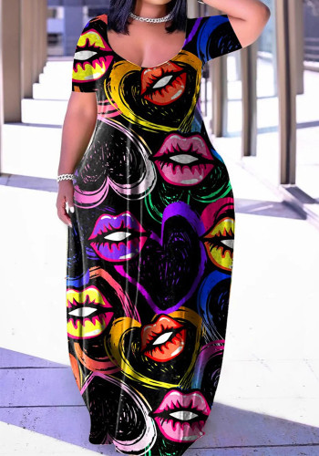 Kadın Klasik Baskı Moda Kısa Kollu Büyük Beden Gevşek Maxi Elbise Yaz Uzun Elbise