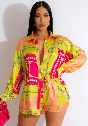 Women'S Fashion Spring Ladies Casual Long Sleeve Shirt And Shorts Two-Piece Set