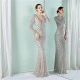Sequin Evening Dress Women Formal Party Elegant Long-Sleeved Sequined Mermaid Evening Dress