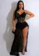 Women Fashion Sexy V Neck Straps Sequins Beaded Slit Evening Dress