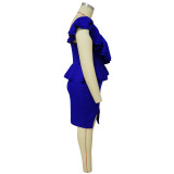 Spring Summer Plus Size Fashion Casual Ruffled Slit One Shoulder Bodycon Slit Dress