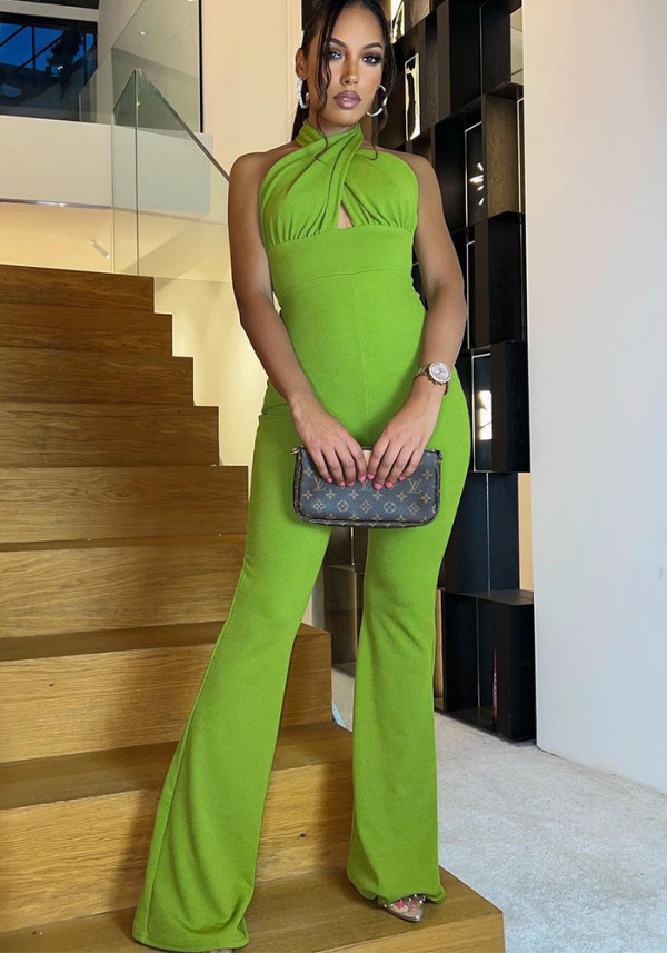 Sexy Cross Halter Low Back Solid Color Women'S Fashion Jumpsuit