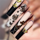 Manicure Wearing Nails Black Edge French Wearing Armor Butterfly Rhinestones Faux Ongles Artificial Nails