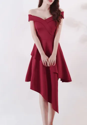 Evening Dress Winter Short Formal Party Dress Women'S Fashion Off Shoulder Solid Irregular Bridesmaid Dress