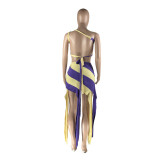 Women'S Spring Summer Contrast Color Asymmetric Slash Shoulder Lace-Up Backless Top Tassels Skirt Fashion Two-Piece Set