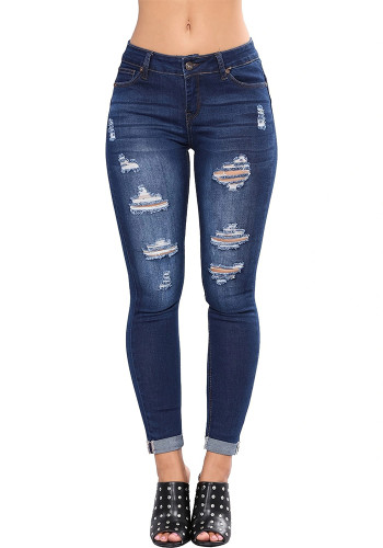 Jeans feminino primavera street jeans fino levantamento de bumbum pé pequeno rasgado calça jeans