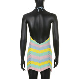 Women'S Sexy Multi-Color Striped Color Matching Hollow V-Neck Halter Straps Sweet Mini Dress