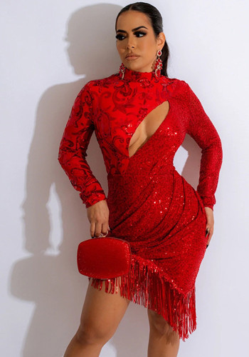 Einfarbiges, modisches Pailletten-Party-Stil, unregelmäßiges, figurbetontes Kleid mit Quasten