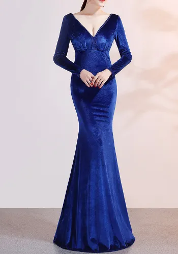 Women Long-Sleeved Velvet Evening Dress Formal Party Autumn And Winter Long Fishtail Party Dress