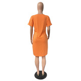 Fashion Plus Size Ladies Fashion Letter Print V-Neck Short Sleeve Ladies Casual Dress